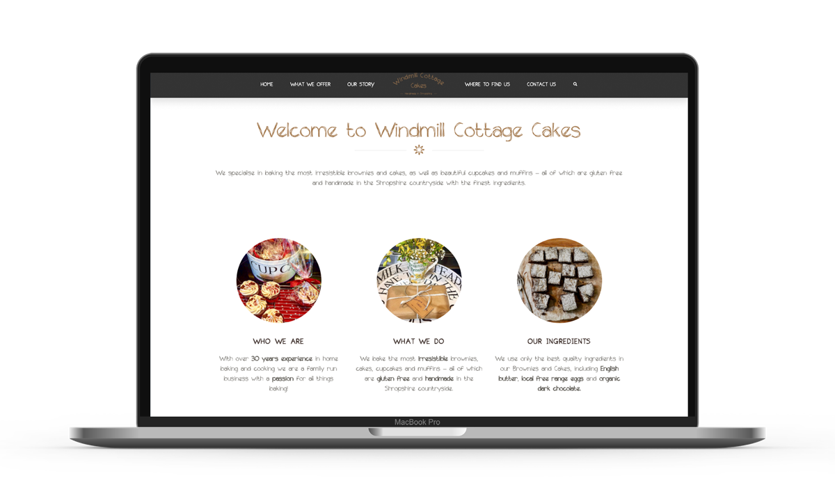 Windmill Cottage Cakes website on a laptop